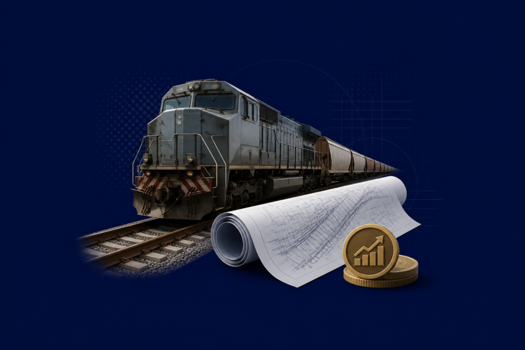 Collage editorial con tren de cargas, planos ferroviarios y símbolo de inversión