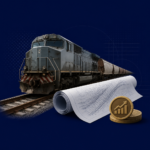 Collage editorial con tren de cargas, planos ferroviarios y símbolo de inversión
