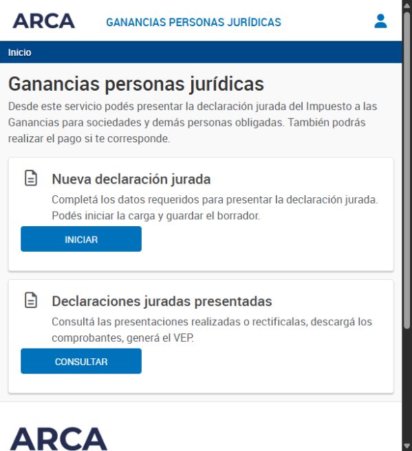 Pantalla inicial del servicio Ganancias Personas Jurídicas de ARCA
